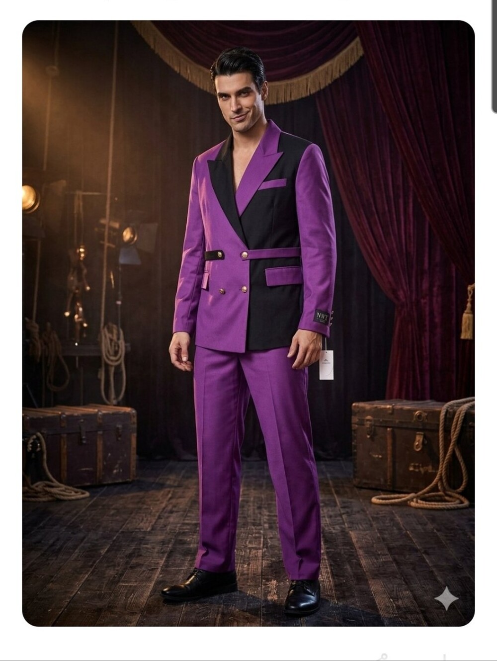 Title: NWT Two-Tone Purple & Black Contrast 2-Piece Suit Set (Size 40R / Medium)